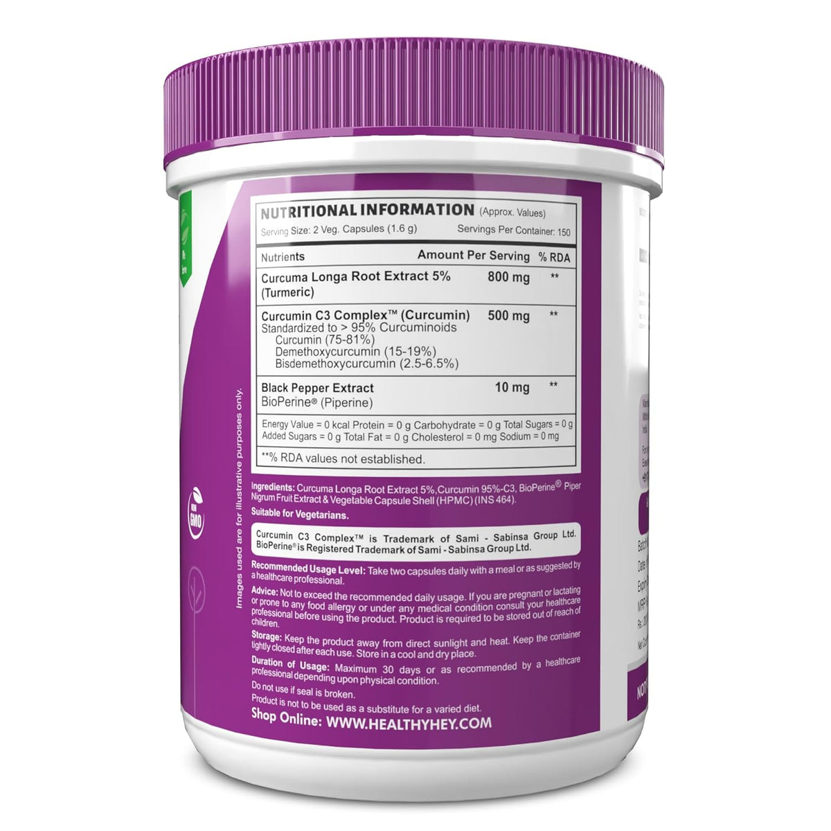 Supplement container with purple lid and label on a white background
