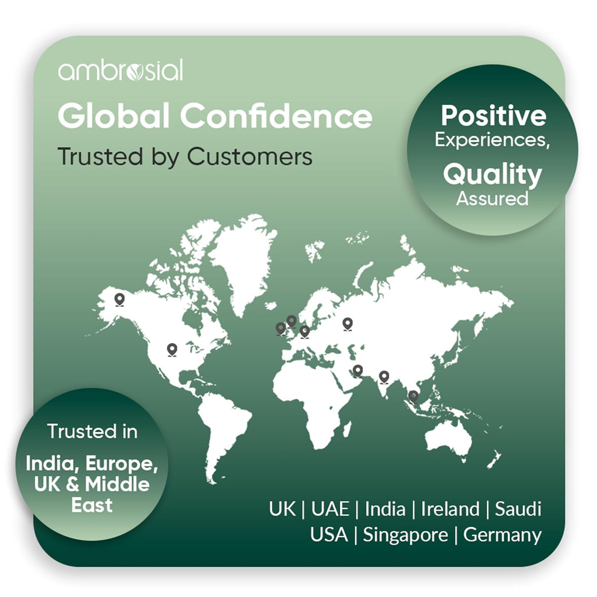 Ambrosial global confidence badge with world map and trusted locations text on a green background