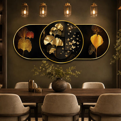 Golden Ginkgo Leaf Wall Painting for Living Room Bedroom Decor, Black Gold Floral Round Modern Art with Premium PVC Golden Frame (16 x 35 Inch)