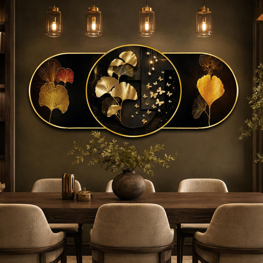 Golden Ginkgo Leaf Wall Painting for Living Room Bedroom Decor, Black Gold Floral Round Modern Art with Premium PVC Golden Frame (16 x 35 Inch)
