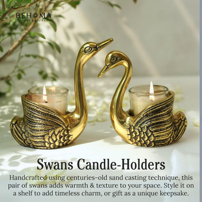 BEHOMA Pair of Swan Candle Holder with Giftbox for Home Decor, Gold