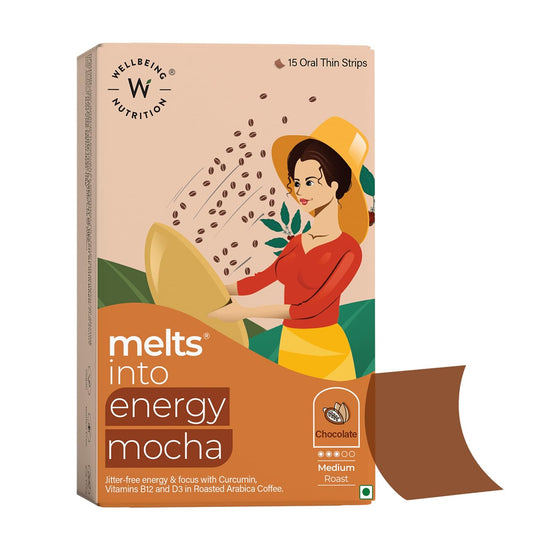 Wellbeing Nutrition Melts Energy Mocha | Arabica Coffee, CurcuWIN®, Folate and Vitamin B12 for Sustained Energy, Enhanced Focus & Improved Cognitive Health | Mocha Flavor (15 Oral Strips)