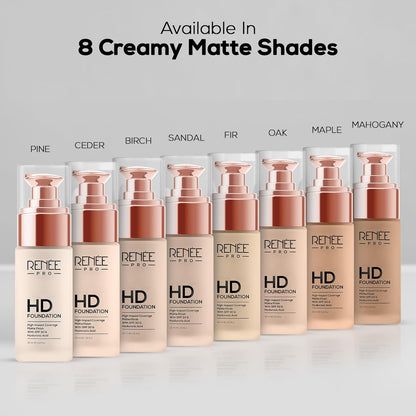 RENEE Pro Hd Foundation Matte Finish Lotion For All Skin Types|Highly Blendable Formula With Spf30|Weightless & Long Lasting|Full Coverage Enriched With Aloe,Coffee,Chamomile & Vitamin E,30 Ml,1 Count