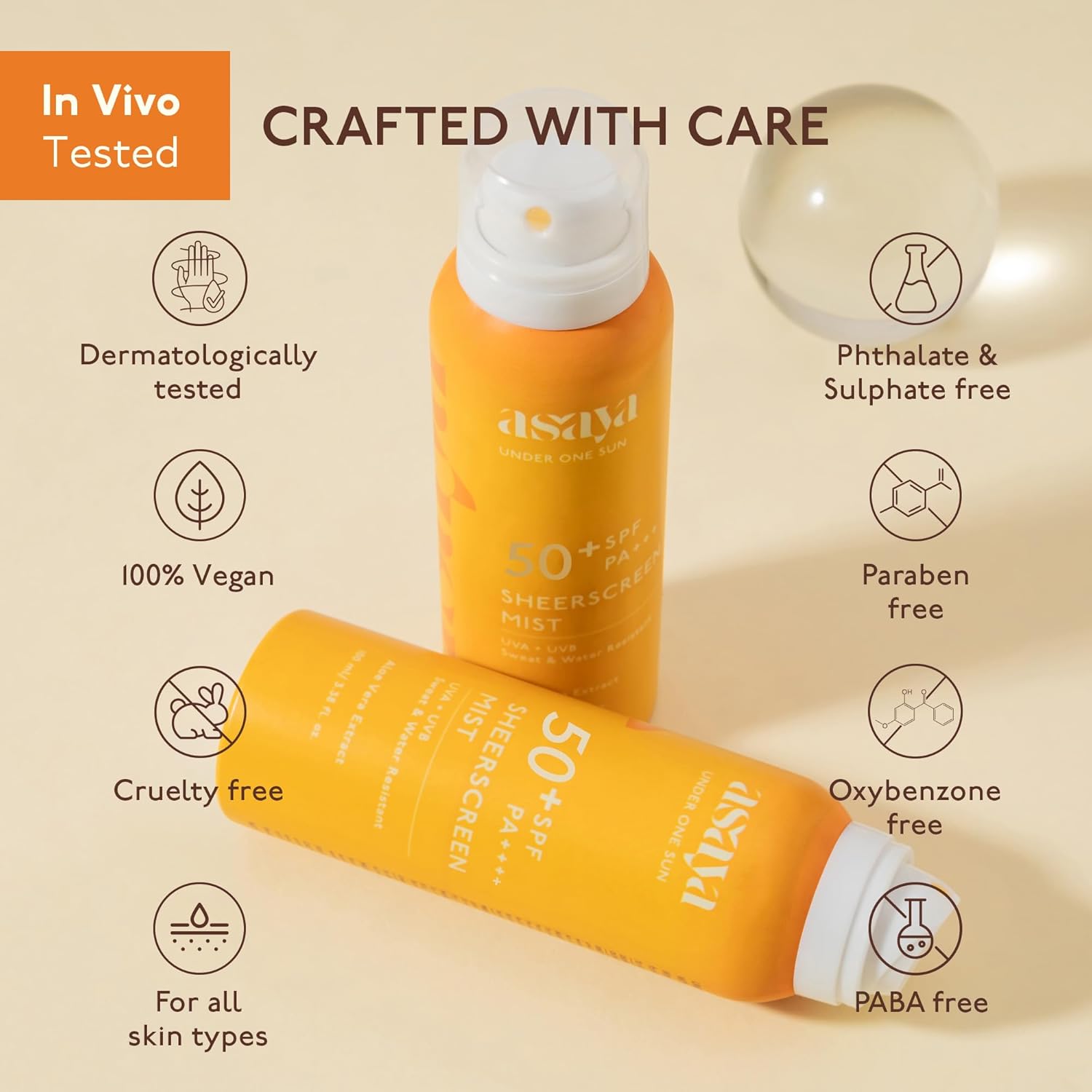 Two orange bottles of sunscreen with 'asuya' branding on a beige background, featuring text about product features.