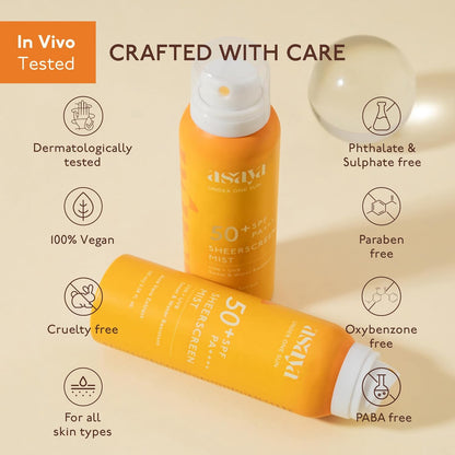Two orange bottles of sunscreen with 'asuya' branding on a beige background, featuring text about product features.