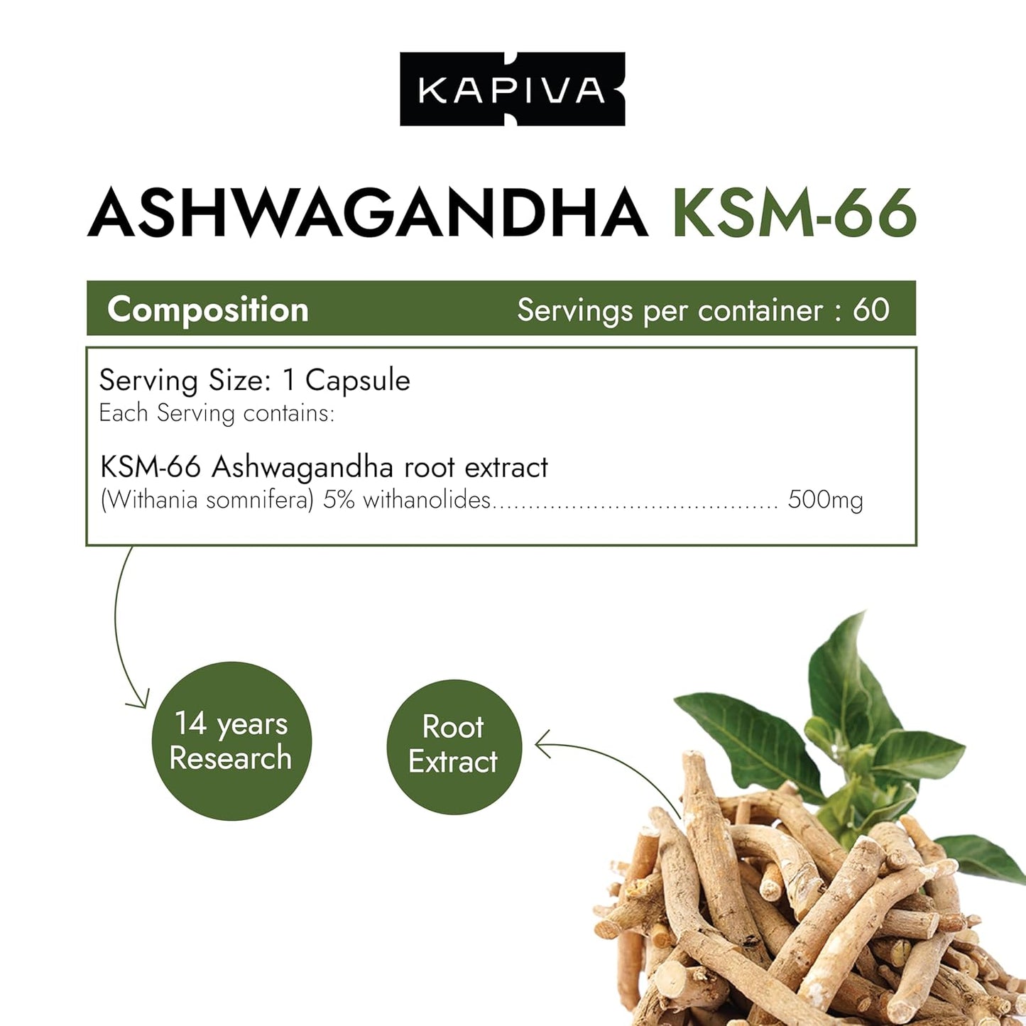 Kapiva KSM-66 Ashwagandha (500mg) | Clinically Proven with 5% Withanolides | 100% Root Extract | Supports Cortisol Balance, Strength & Vitality | Natural Stress Relief | 60 Veg Capsules