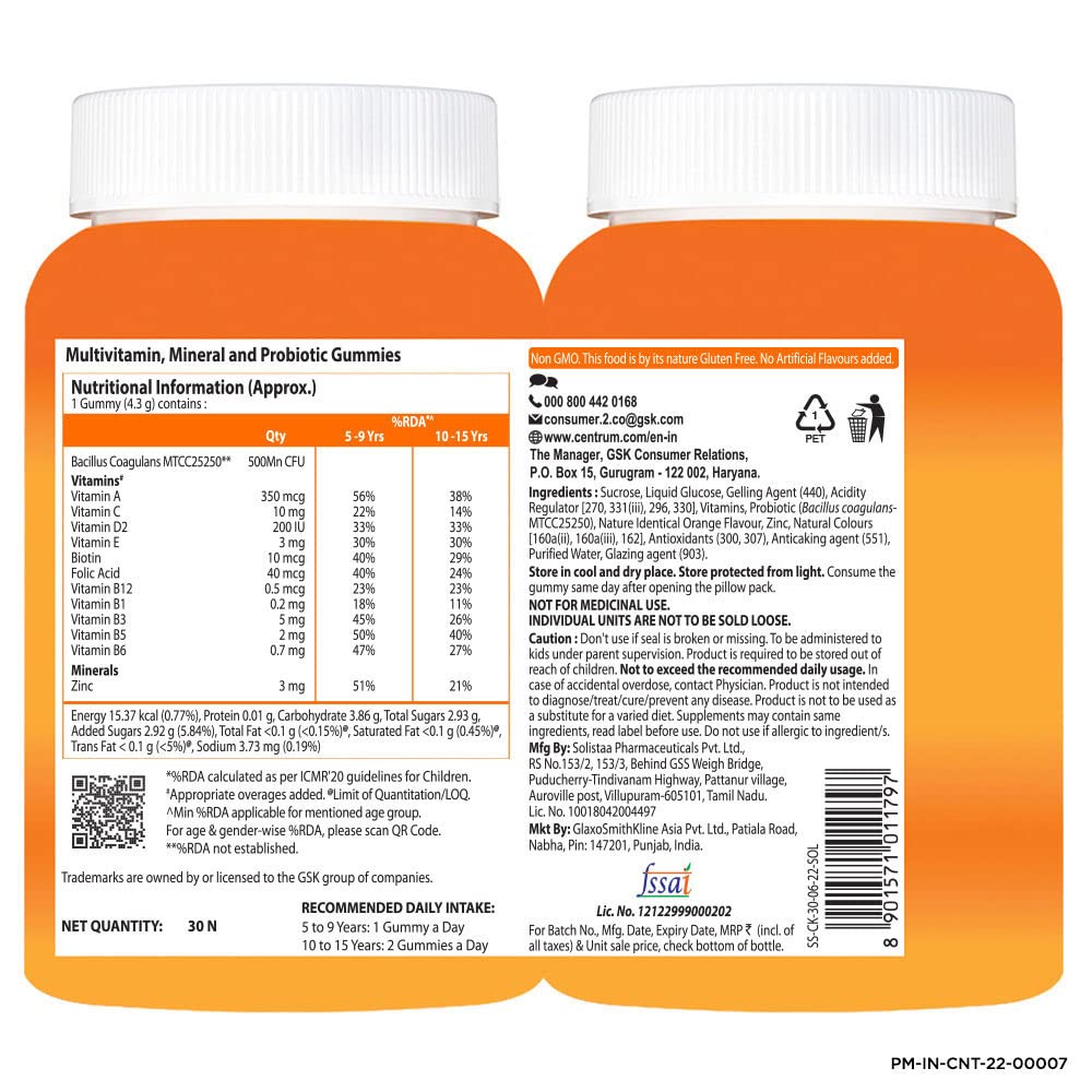 Centrum Kids, World's No.1 Multivitamin with Probiotics, Vitamin C & 11 other nutrients for Immunity, Healthy Digestion & Eye Health (Veg)- 30 Gummies