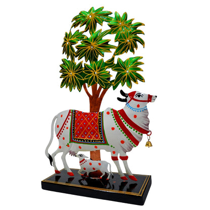 Kamdhenu Cow with Calf Idol for Home Decoration Items for Living Room, Tealight Candle Holder for Pooja Room, Handpainted Rajasthani Showpiece, Wedding Anniversary House Warming Gifts