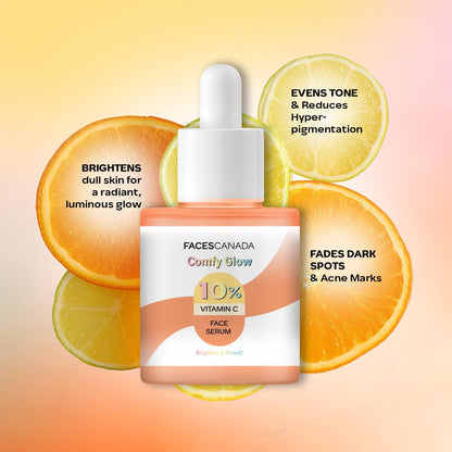 FACES CANADA Comfy Glow 10% Vitamin C Face Serum - 15ml | Brightens Complexion | Dark Spot Reduction | Lightweight | Prevents Premature Aging | Hydrating & Healthier Looking Skin