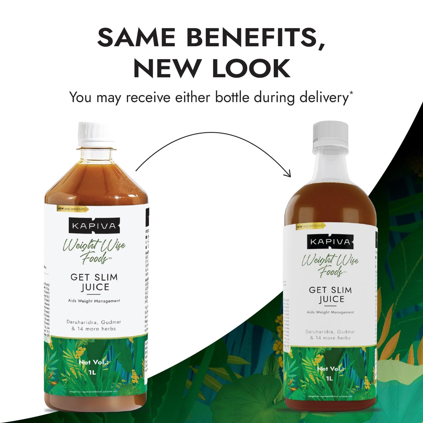 Two bottles of Kapiva Get Slim Juice with a white background and text about delivery options.