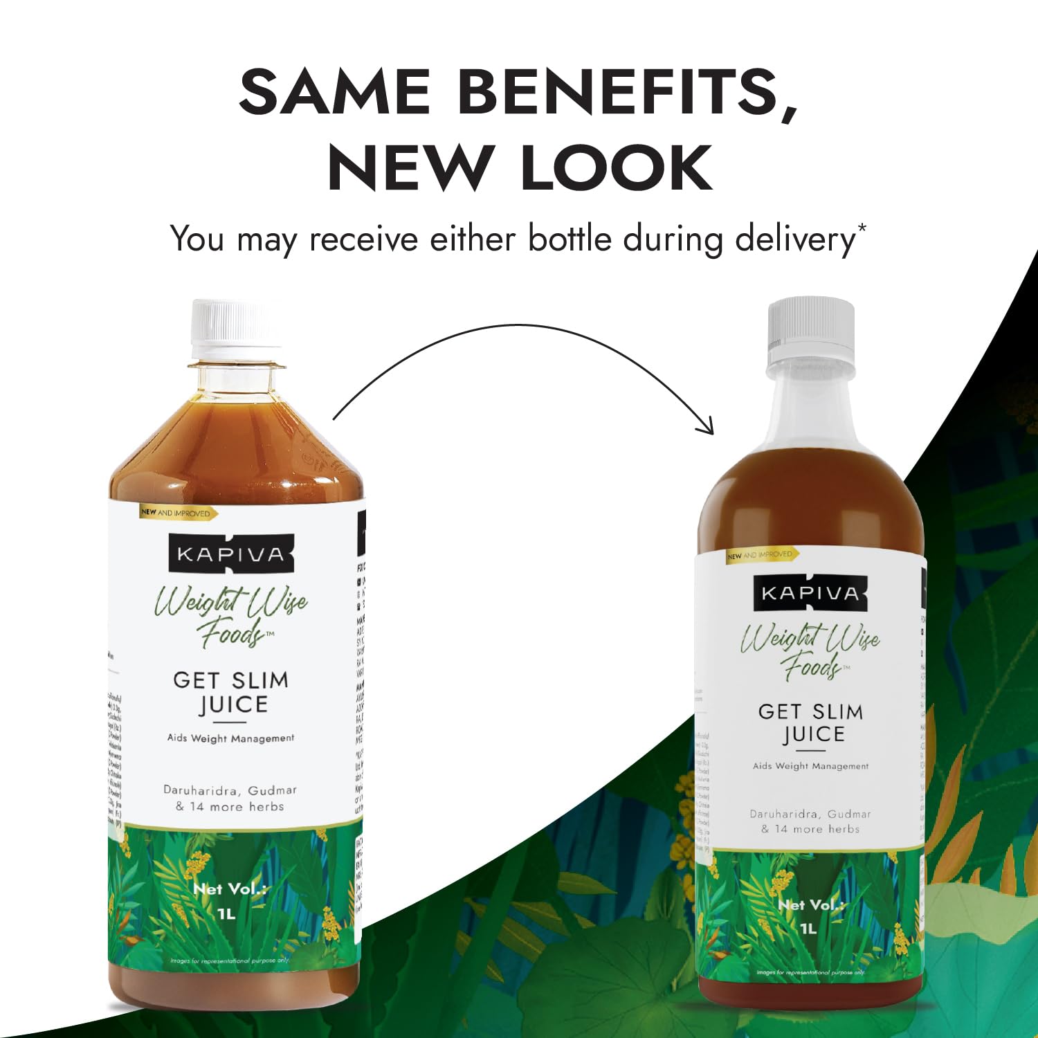 Two bottles of Kapiva Get Slim Juice with a white background and text about delivery options.