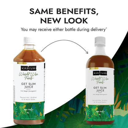 Two bottles of Kapiva Get Slim Juice with a white background and text about delivery options.