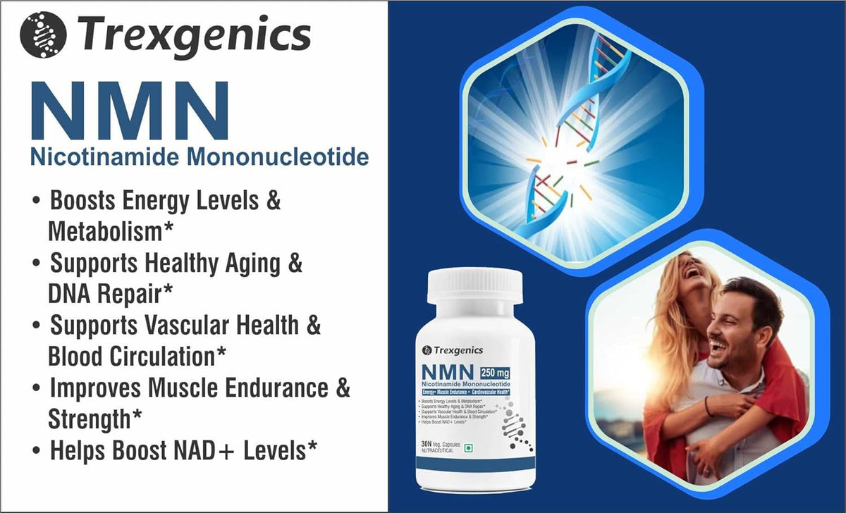 Trexgenics NMN supplement bottle with product details on a blue background