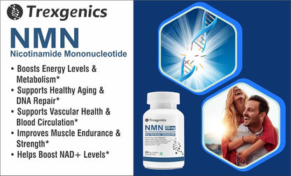 Trexgenics NMN supplement bottle with product details on a blue background
