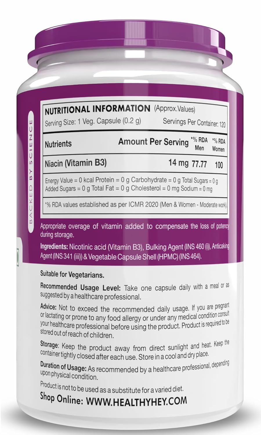 Nutritional information label on a supplement container with a purple lid.