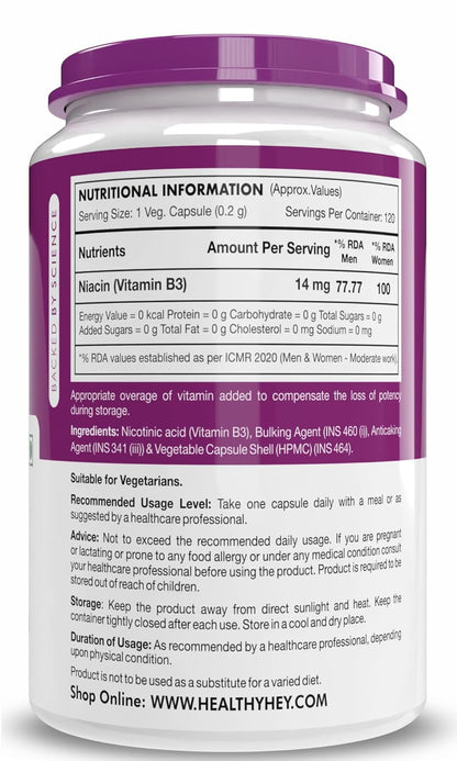 Nutritional information label on a supplement container with a purple lid.