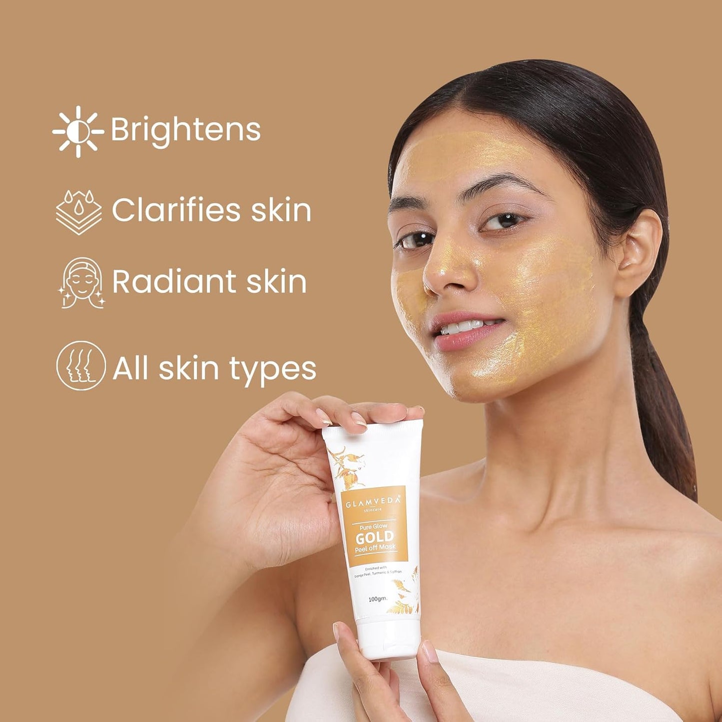 Glamveda Pure Glow Gold Peel Off Mask for Glowing Skin | Reduces Fine Lines, Wrinkles | Remove Blackhead & Pore Care | For Women & Men | No Paraben, SLS | 100gm