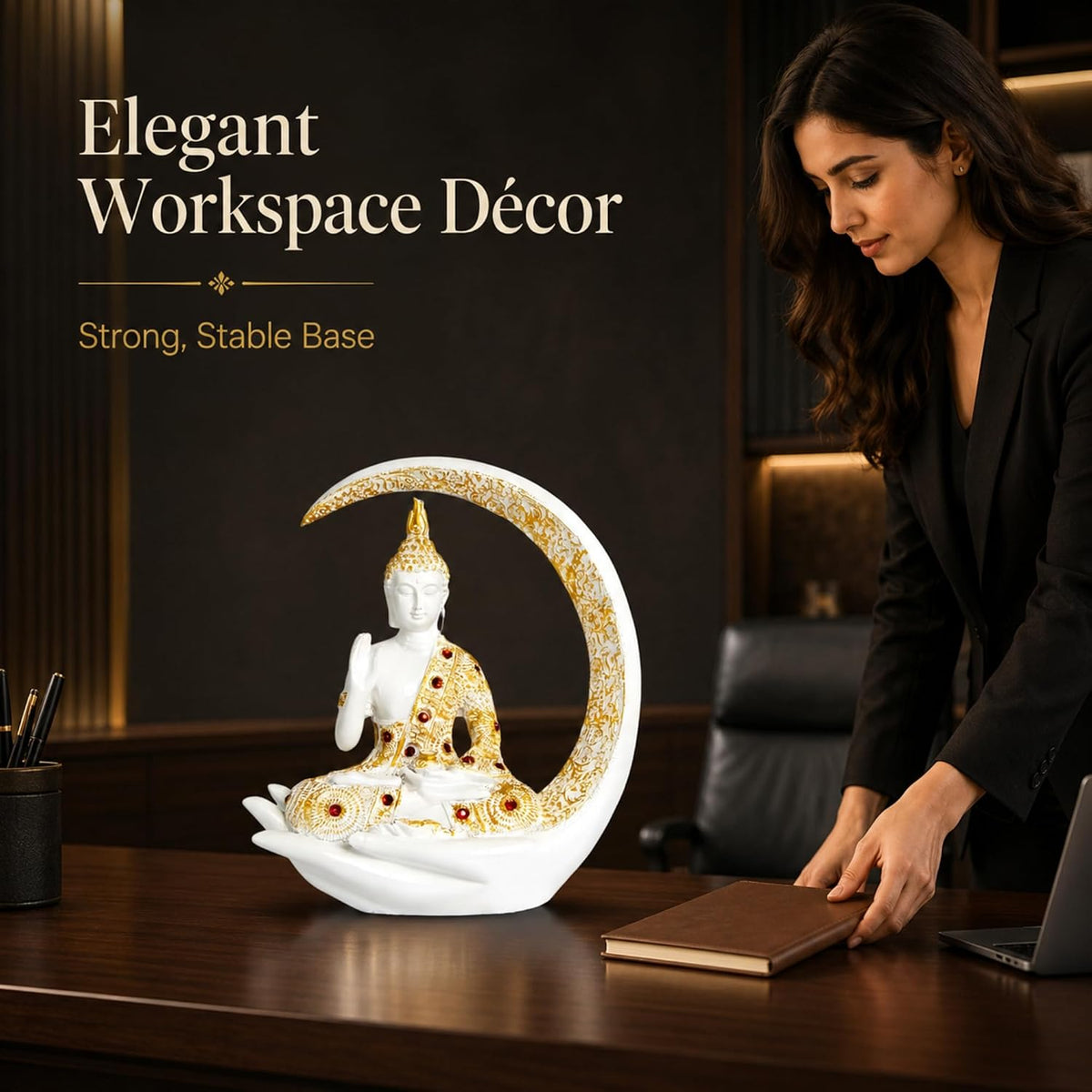10 Inches 3D Resin Lucky White Crescent Moon Meditating Buddha Statue | Lord Gautam Buddha Idol for Home Decor, Living Room, Office & Gifting