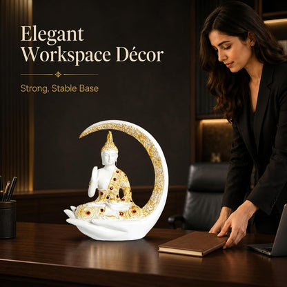 10 Inches 3D Resin Lucky White Crescent Moon Meditating Buddha Statue | Lord Gautam Buddha Idol for Home Decor, Living Room, Office & Gifting