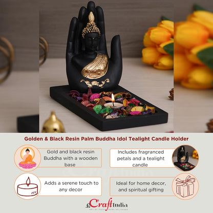 eCraftIndia Black Golden Resin Palm Buddha Idol Showpiece Potpourri Tea Light Candle Holder| Lord Buddha Statue Tea Light Holder| Diwali Decoration Items for Home Decor| Gift for Diwali Housewarming
