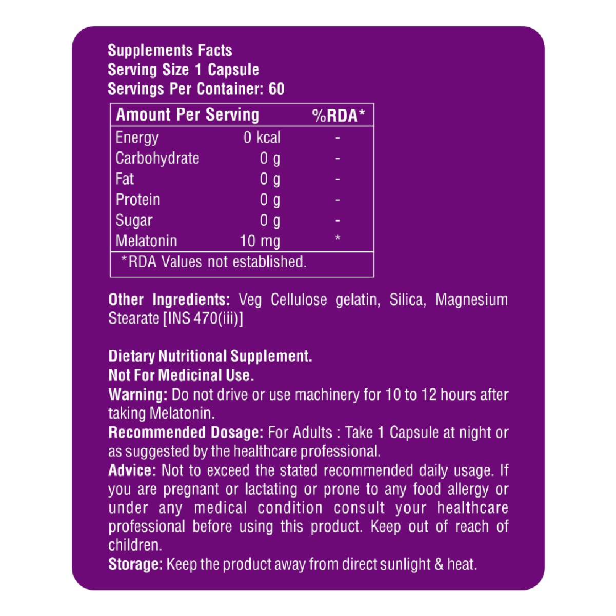 Supplement label with purple background and white text