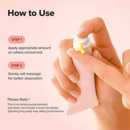 Hand using an airless pump to apply cream with text on how to use it.
