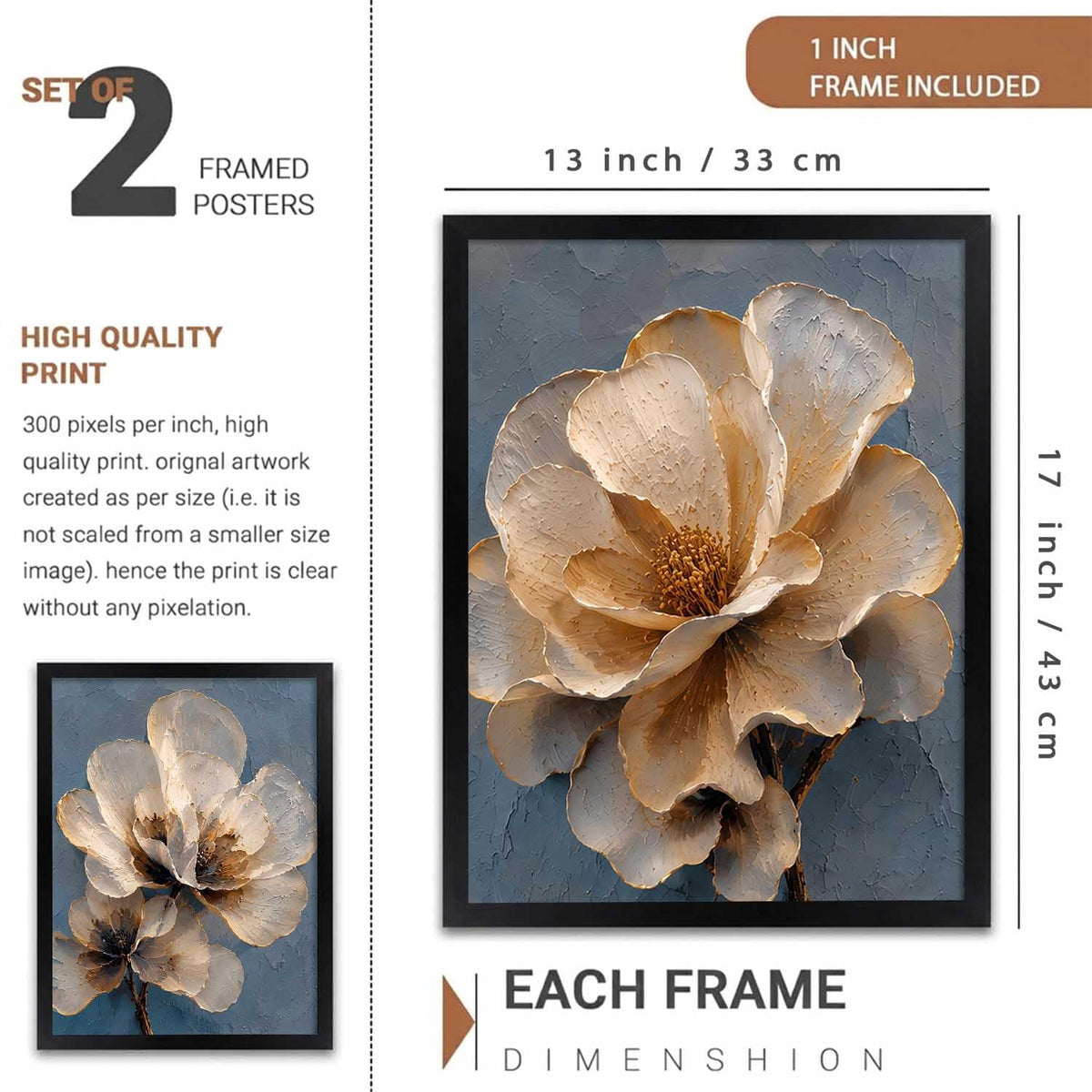 2 Piece Framed Wall Art Set, 3D Textured Floral Botanical Painting, Modern Abstract Flower Wall Decor for Living Room Bedroom Dining Room Office, Ready to Hang, Ideal for Housewarming Gift (design 1, 13X19, Black)