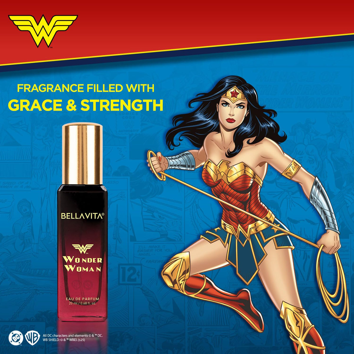 Bellavita Wonder Woman perfume bottle with superhero character on a blue and red background