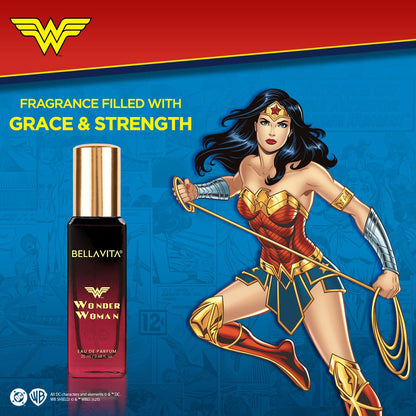 Bellavita Wonder Woman perfume bottle with superhero character on a blue and red background