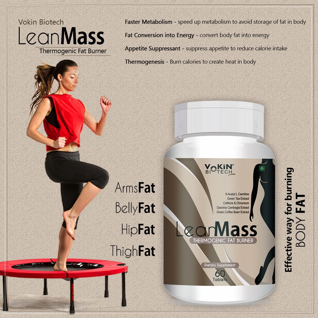 Vokin Biotech LeanMass thermogenic fat burner supplement with a woman exercising on a trampoline.