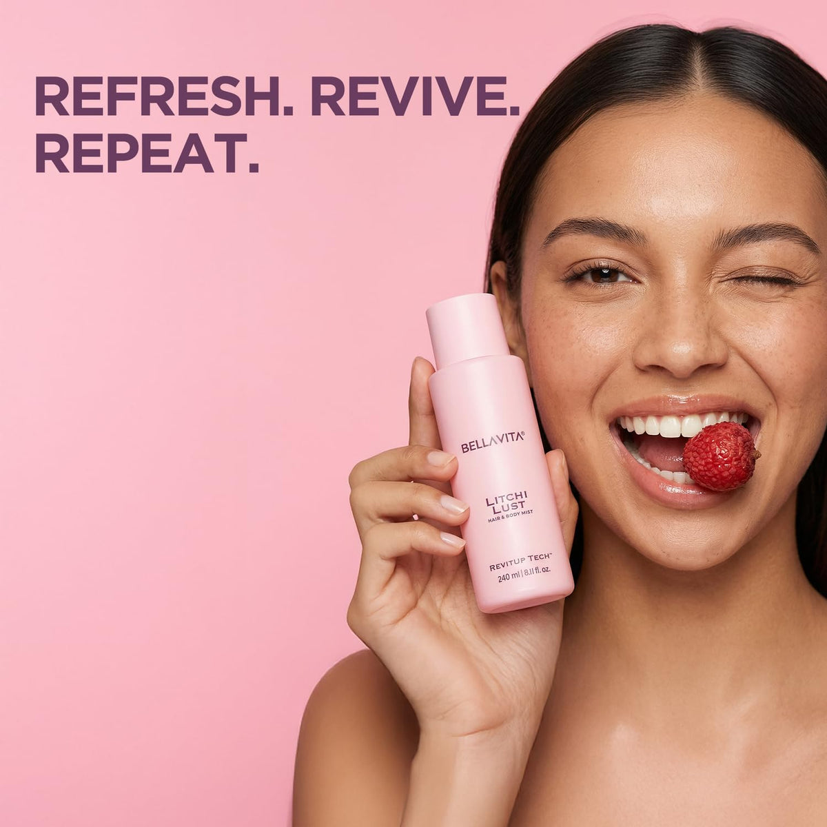 Woman holding a pink bottle with a raspberry, against a pink background with text 'REFRESH. REVIVE. REPEAT.'
