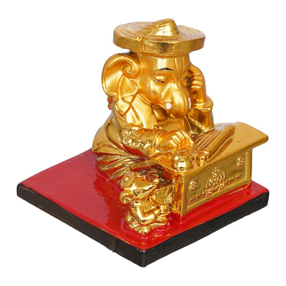 Golden Resin Munim Lord Ganesha Statue | God Idol for Office, Shop, Study Table, Home Temple, Car Dashboard | Ideal Gift for Ganesh Chaturthi, Birthdays, Diwali