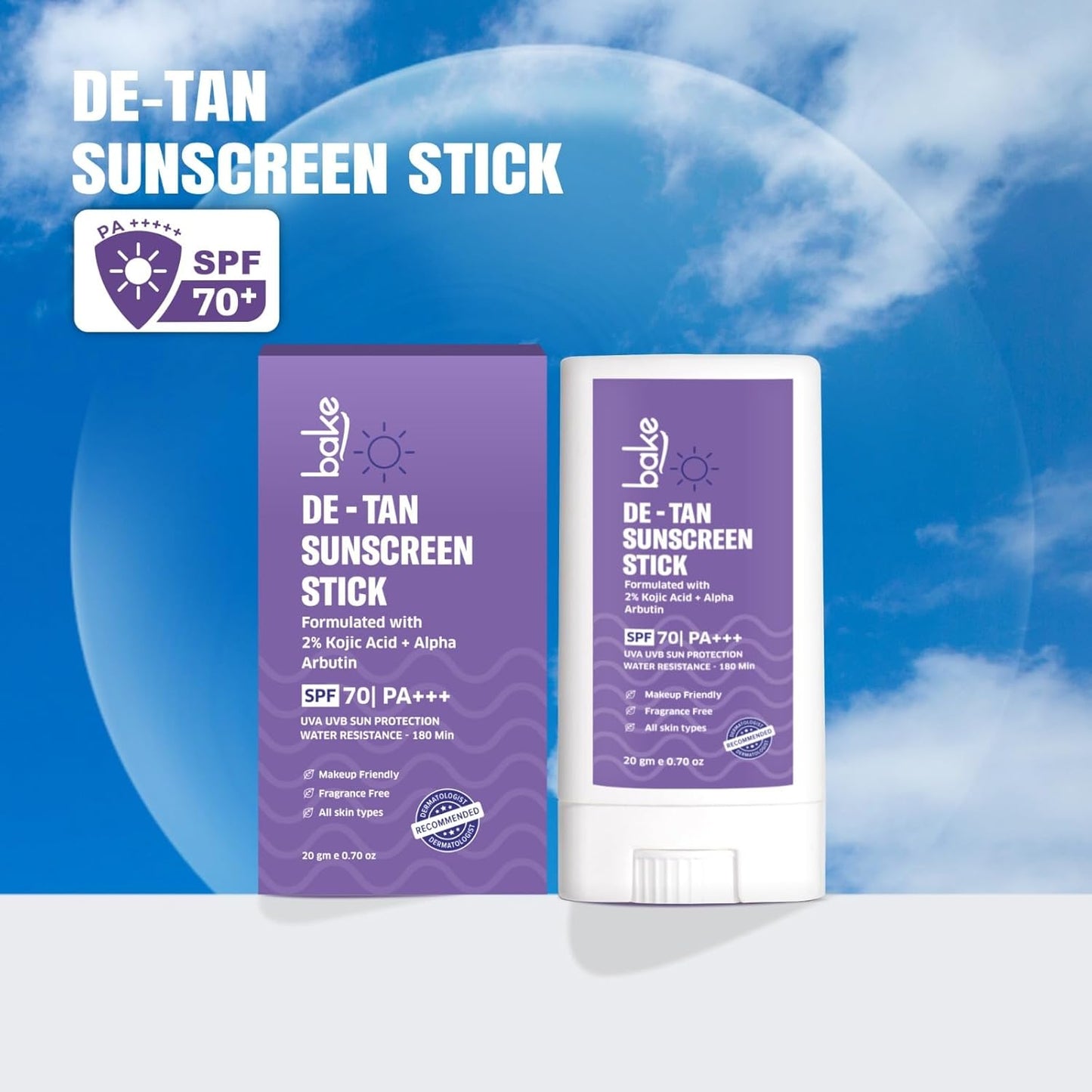 BAKE De-Tan Water Resistant Sunscreen Stick SPF 70 PA++++ with 2% Kojic Acid & Alpha Arbutin | Lightweight, No White Cast | For All Skin Types | For Pigmentation & Dark Spots - 20g