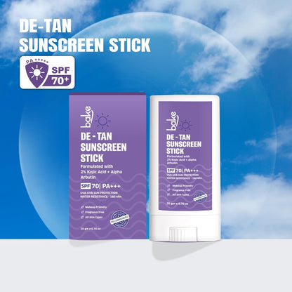 BAKE De-Tan Water Resistant Sunscreen Stick SPF 70 PA++++ with 2% Kojic Acid & Alpha Arbutin | Lightweight, No White Cast | For All Skin Types | For Pigmentation & Dark Spots - 20g