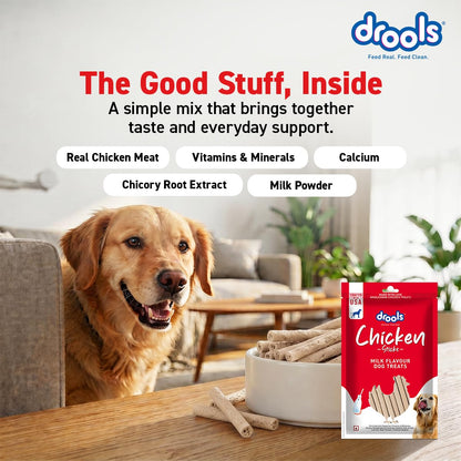 Drools Puppy & Adult Dog Treats Sticks 100g | Chicken & Milk Flavour | Rich in Protein | No Artificial Preservatives | Best for Training & Bonding | Formulated in USA | Premium Treats