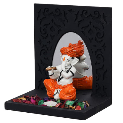 Orange White Resin Lord Ganesha Idol Playing Flute Showpiece Potpourri Tea Light Candle Holder| Ganpati Murti Tea Light Holder Diwali Decoration Items for Home Decor Office| Diwali Gift