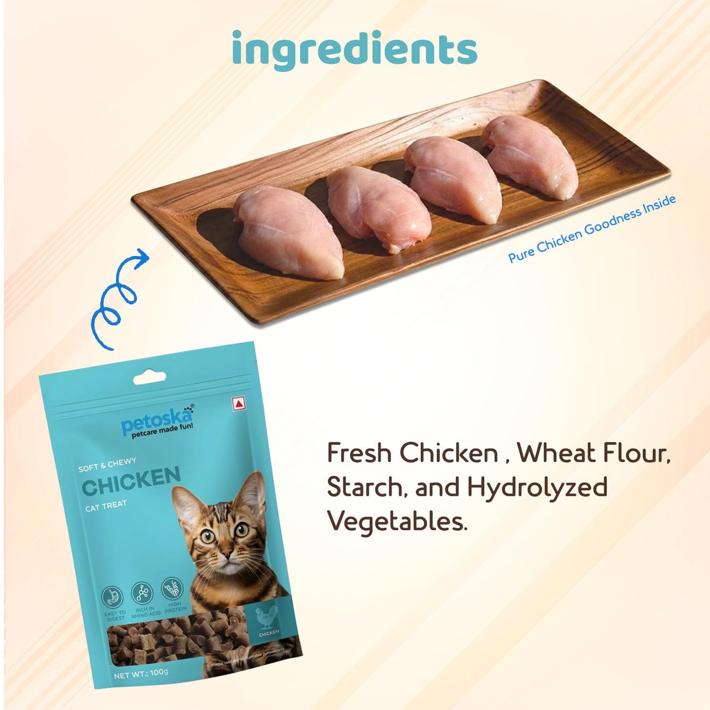 Petoska Chicken Cat Treats –100g | Air-Dried Real Chicken Bites with Taurine & Omega-3 | Chewy High-Protein Snack to Support Immunity, Weight Control & Overall Wellbeing | Kittens & Adult Cats