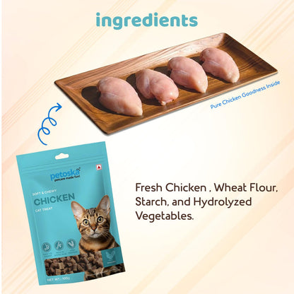 Petoska Chicken Cat Treats –100g | Air-Dried Real Chicken Bites with Taurine & Omega-3 | Chewy High-Protein Snack to Support Immunity, Weight Control & Overall Wellbeing | Kittens & Adult Cats