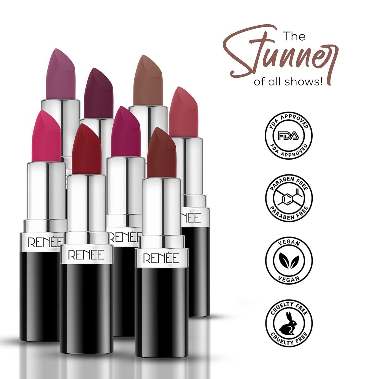 RENEE Stunner Matte Lipstick - Queen Bee 4gm| Intense Color Pay Off, Full Coverage Long Lasting Weightless Velvety Formula with One Swipe Application| Enriched with Vitamin E & Hyaluronic Acid