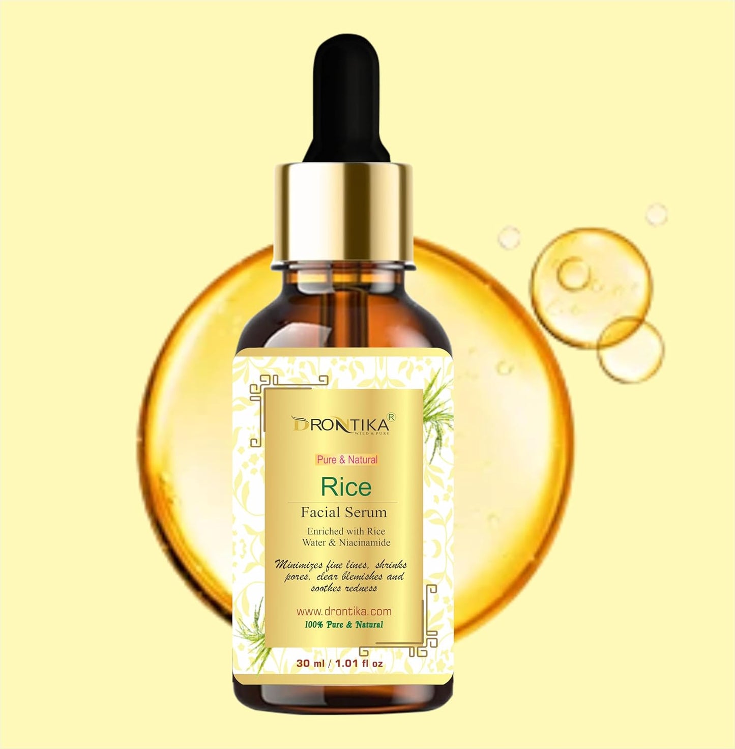 Rice facial serum bottle with dropper on a yellow background