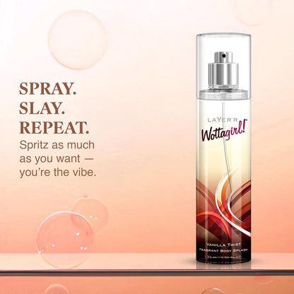 Layer'r Wottagirl Vanilla Twist Body Splash, 135ml | Long-Lasting Premium Mist Spray for Women | Dreamy Vanilla Scent | Everyday Wear | Refreshing & Skin-Friendly