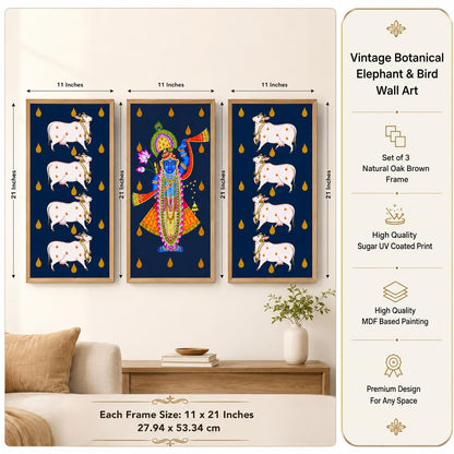 Set of 3 Shrinathji Cow Pichwai Wall Paintings with Sparkle Laminate, Premium Wooden Synthetic Frame, Krishna Religious Art for Living Room Bedroom Temple Decor