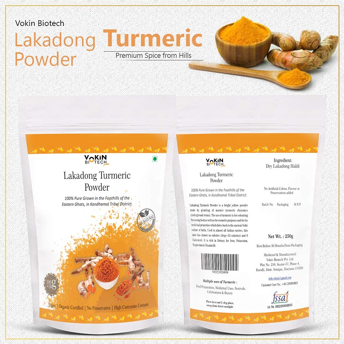 Vakin Biotech Lakadong Turmeric Powder packaging with turmeric powder and roots on a white background