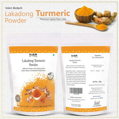 Vakin Biotech Lakadong Turmeric Powder packaging with turmeric powder and roots on a white background