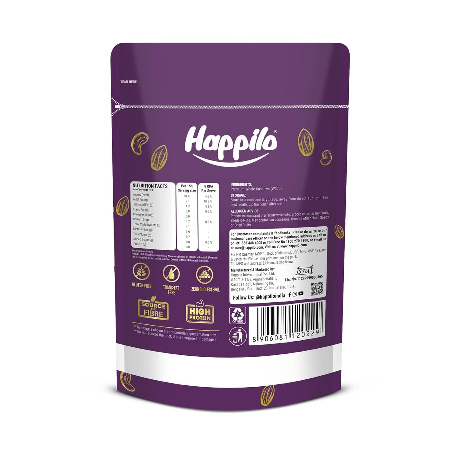Happilo Premium Natural Whole Cashews 200g Value Pack | Dry Fruits, Kaju, Healthy Snacks | Unsalted Cashew Nuts | Crunchy, Nutritious & Delicious Nuts | Rich in Protein, Magnesium & Phosphorus