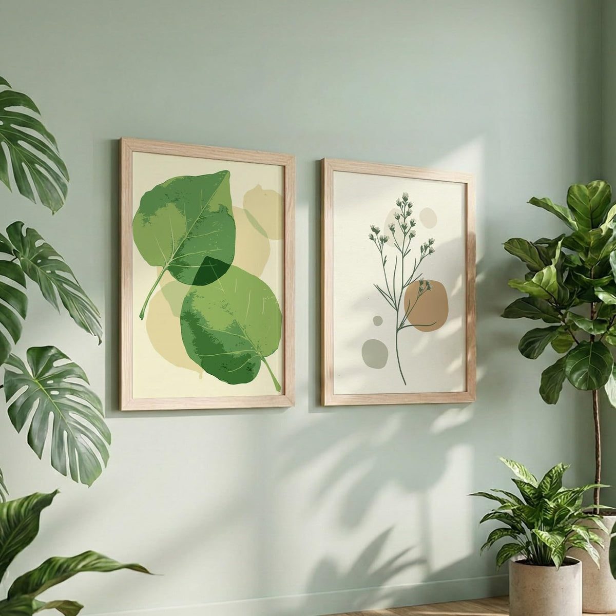 Minimalist Botanical Wall Art Set of 2, Green Leaf & Floral Line Art Prints, Beige Wooden Framed Decor for Living Room, Bedroom & Office, Ready to Hang (Natural, Art-1, 13x10 Inch)