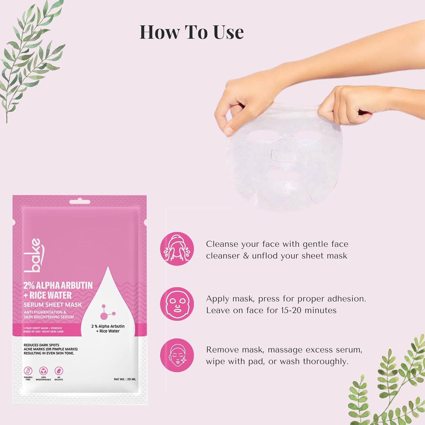 BAKE 2% Alpha Arbutin Sheet Mask for Glowing Skin with Rice Water for Instant Bright Skin | For Dark Spots, Pigmentation & Tan Removal | Instant Glow - 20g
