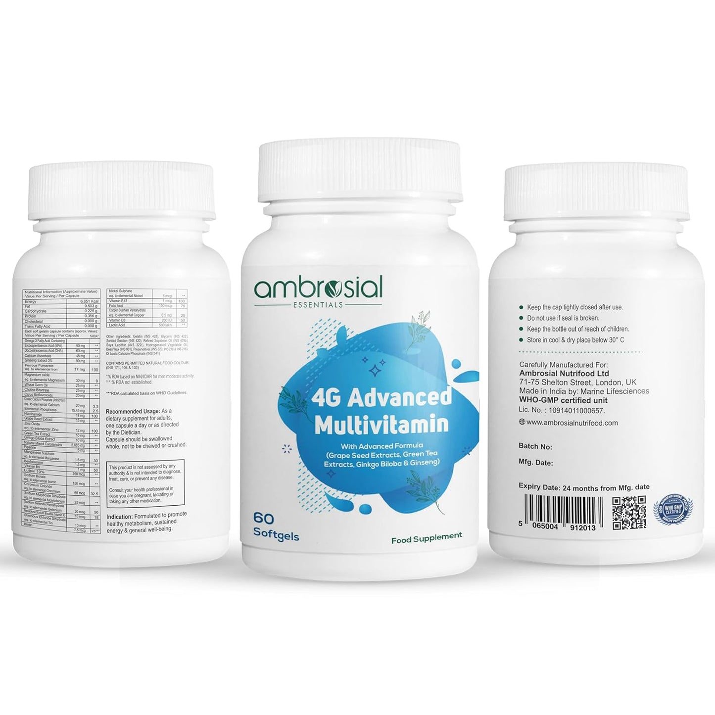 Three bottles of ambrosial 4G Advanced Multivitamin on a white background
