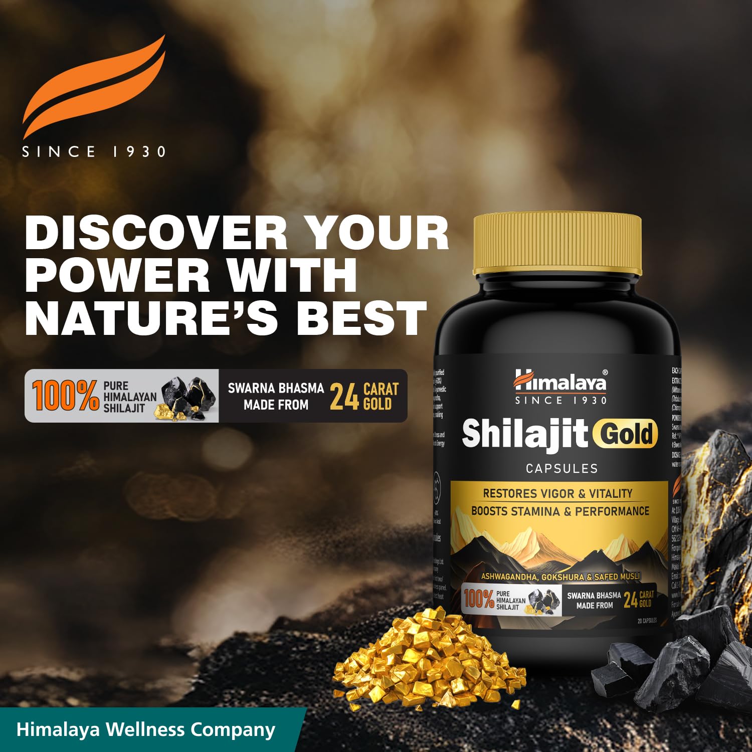 Himalaya Shilajit Gold supplement bottle with text about nature's best power on a dark background.