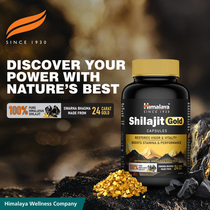 Himalaya Shilajit Gold supplement bottle with text about nature's best power on a dark background.